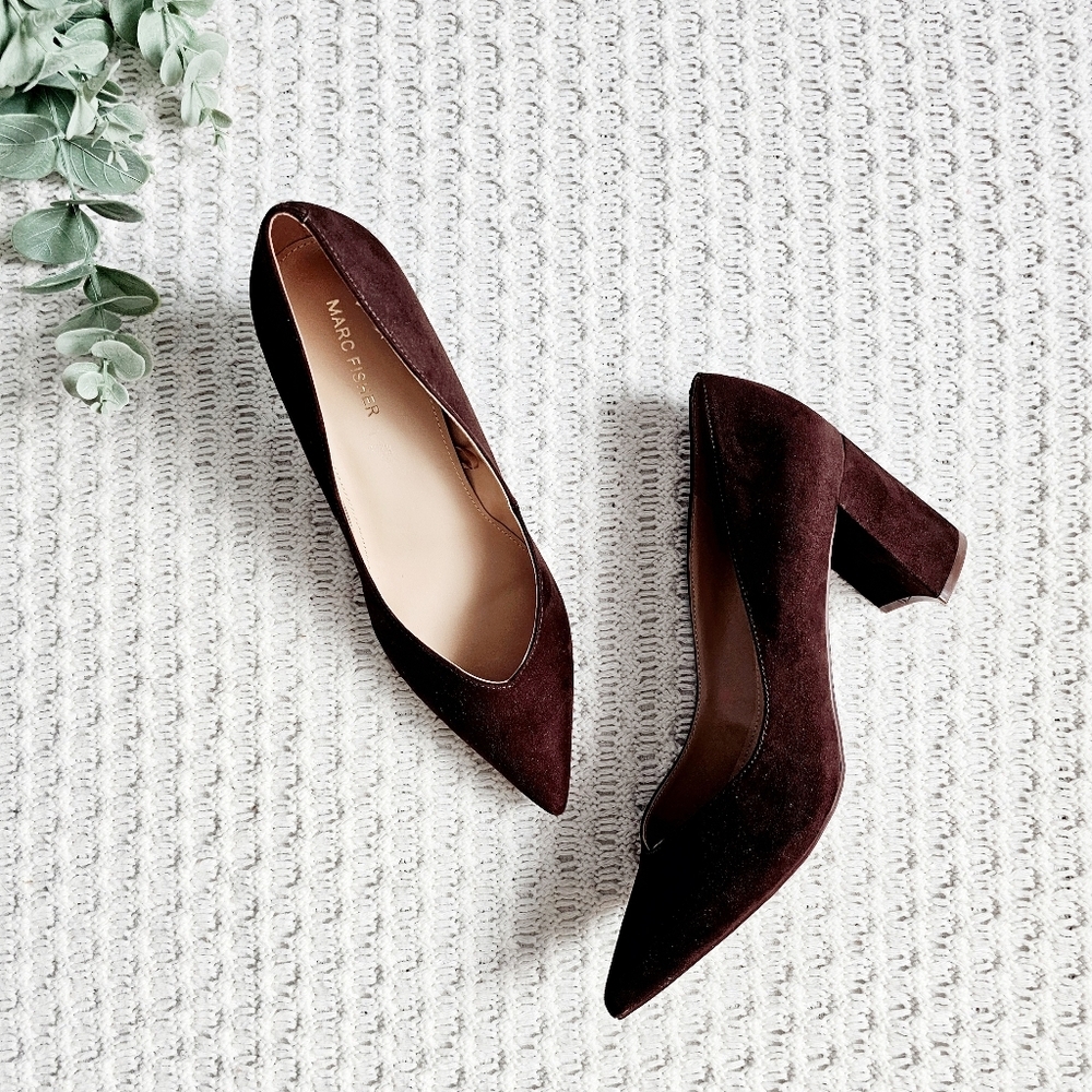 Marc Fisher Caitlin Pump Dark Brown Suede Pointy Toe Slip On Block Heel 10 NWOB